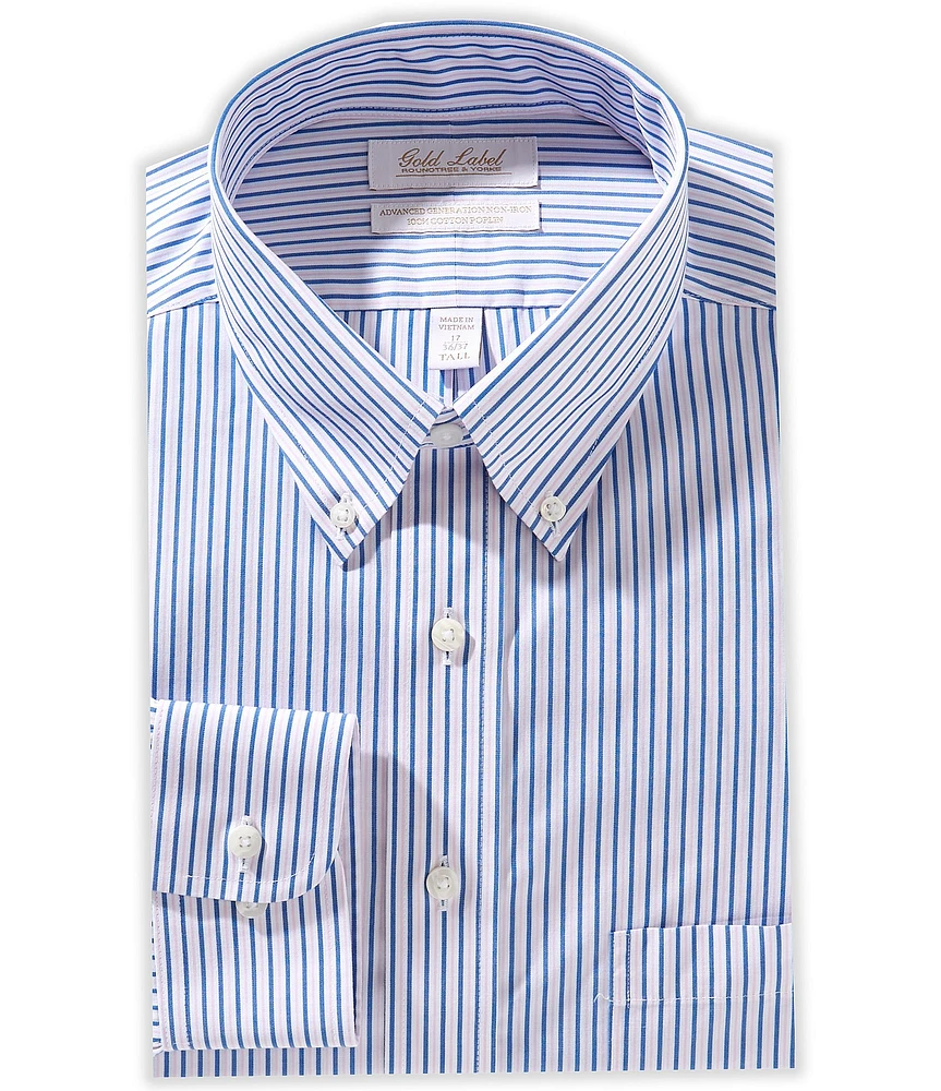 Roundtree & Yorke Gold Label Fitted Non-Iron Point Collar Poplin Stripe Dress Shirt