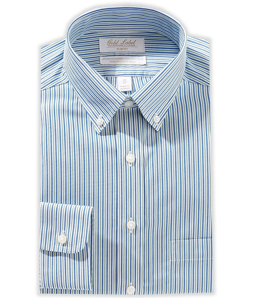 Roundtree & Yorke Gold Label Slim Fit Non-Iron Spread Collar Stripe Dress Shirt