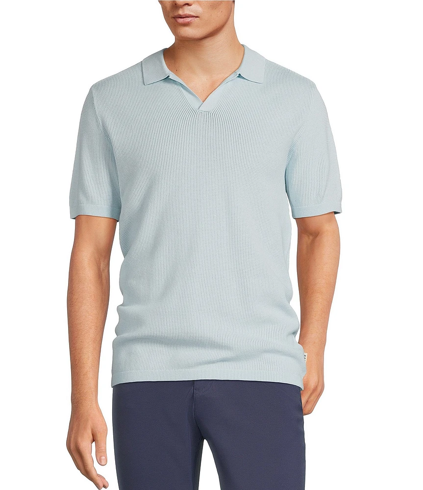 Rowm Short Sleeve Textured Solid Johnny Collar Knit Sweater Shirt