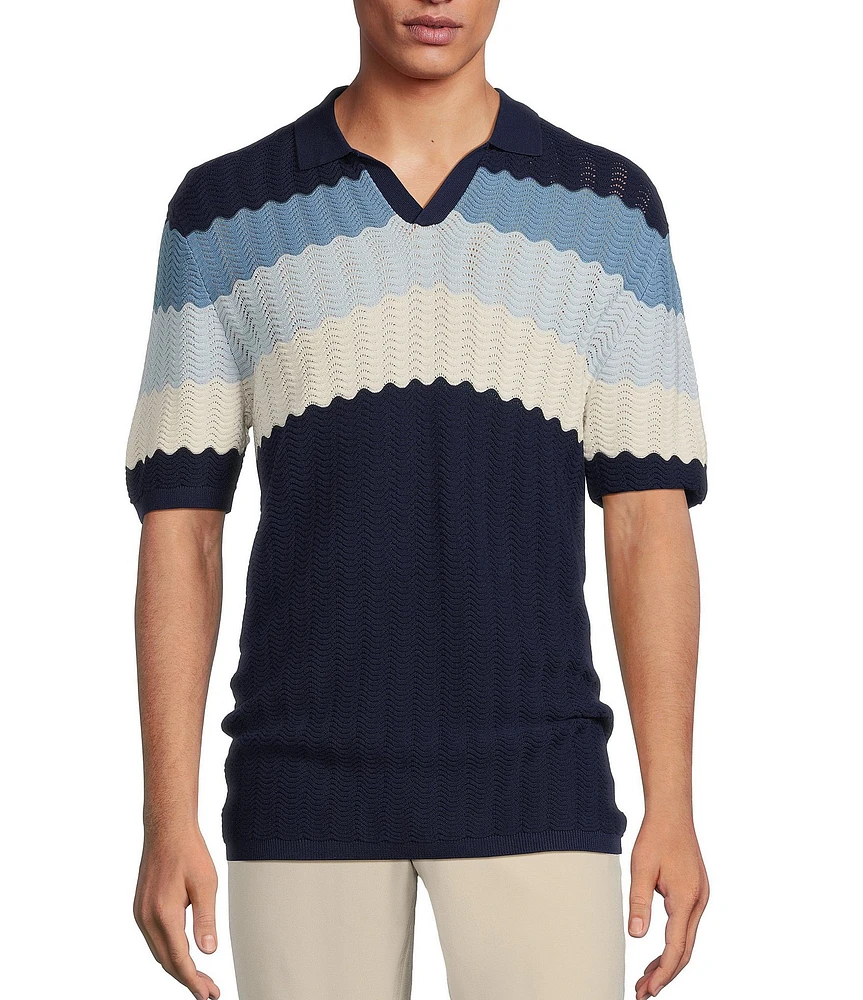 Rowm Short-Sleeve Wave Striped Johnny Collar Knit Polo Sweater Shirt