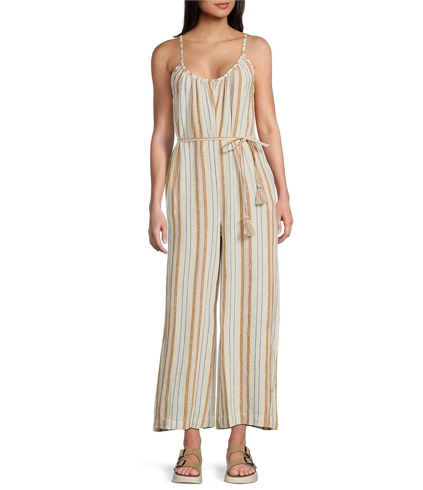 Roxy Gale Striped Waist Tie Wide Leg Linen Blend Jumpsuit