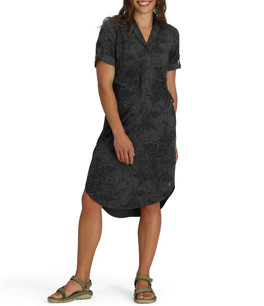 Royal Robbins Spotless Traveler Stretch Woven V-Neck Short Sleeves Curved Hem Midi Dress
