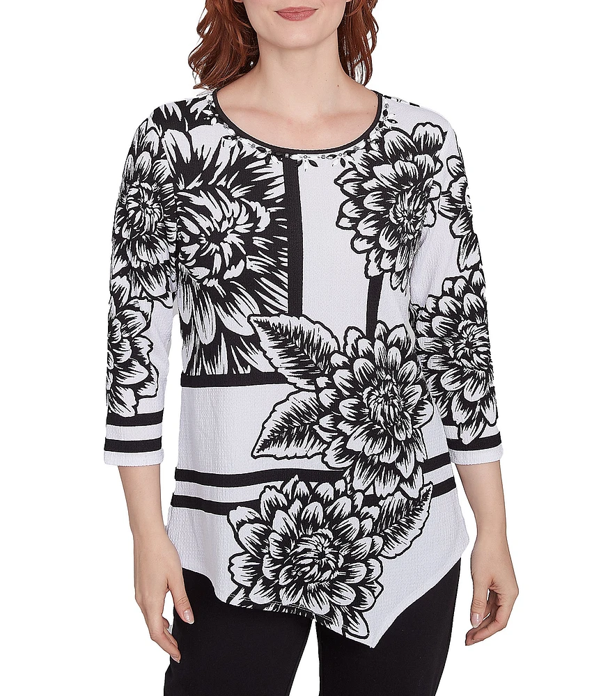 Ruby Rd. Floral Stripe Embellished Scoop Neck 3/4 Sleeve Asymmetrical Hem Top