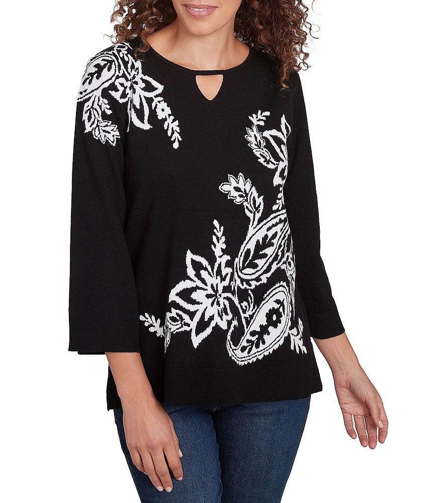 Ruby Rd. Jacquard Paisley Floral Keyhole Neck 3/4 Sleeve Sweater