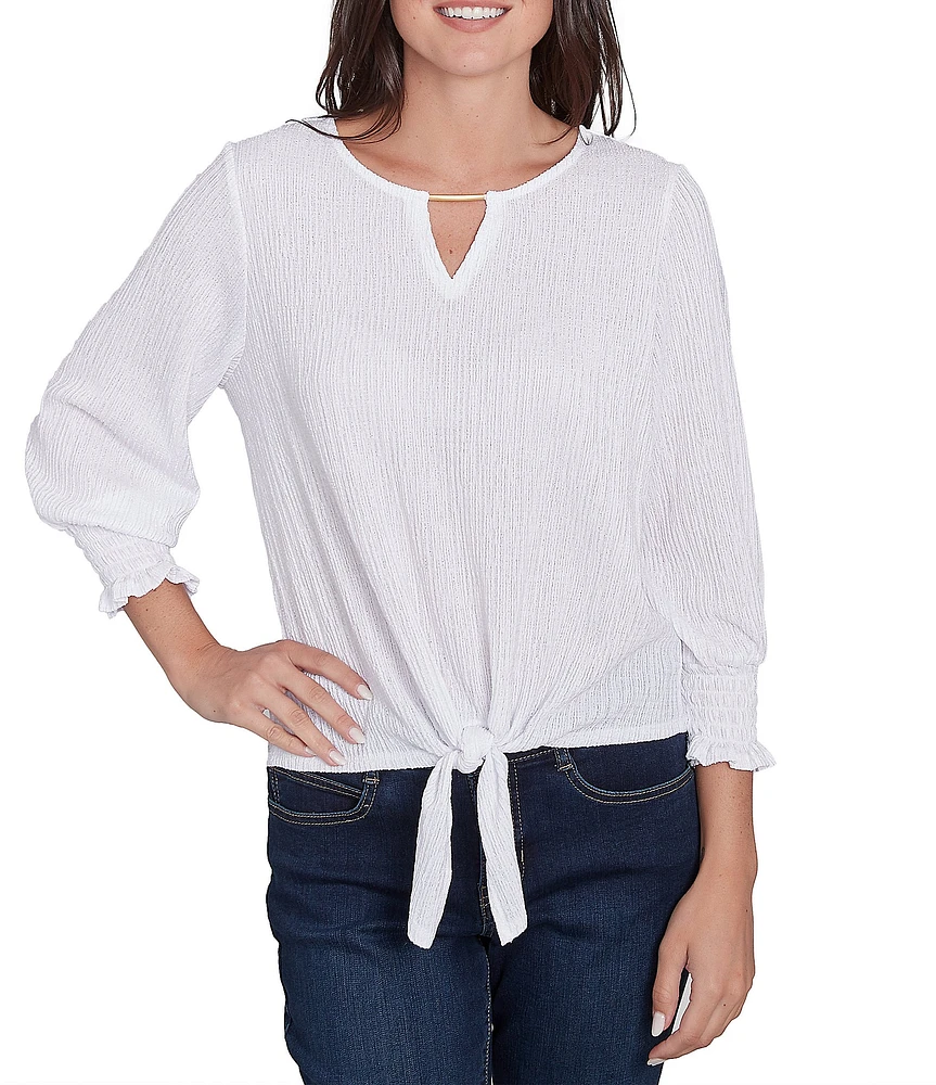 Ruby Rd. Knit Crinkle Keyhole Neck Bar 3/4 Sleeve Tie-Front Top