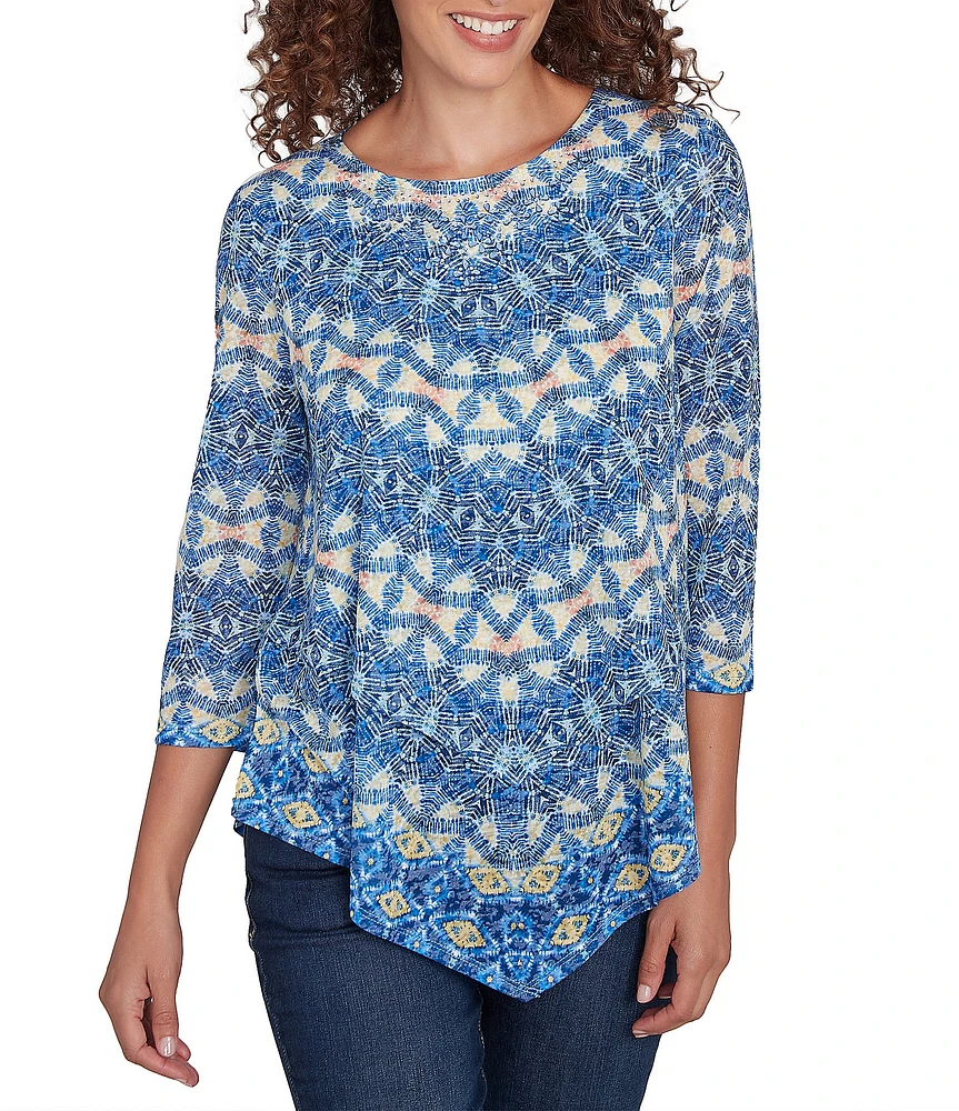 Ruby Rd. Knit Embellished Crew Neck 3/4 Sleeve Asymmetrical Hem Top