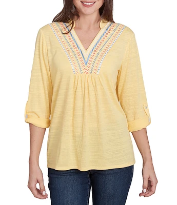 Ruby Rd. Knit Embroidery V-Neck 3/4 Roll-Tab Sleeve Top
