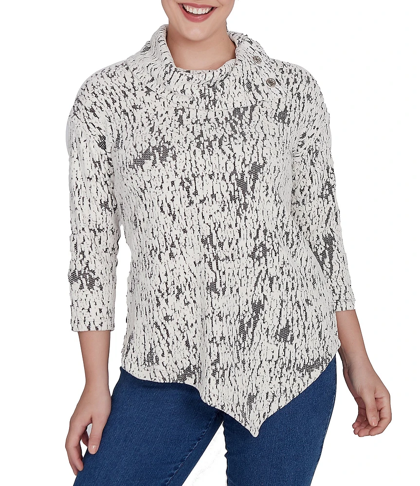 Ruby Rd. Knit Faux Fois Bois Print Split Cowl Neck 3/4 Sleeve Asymmetric Hem Sweater