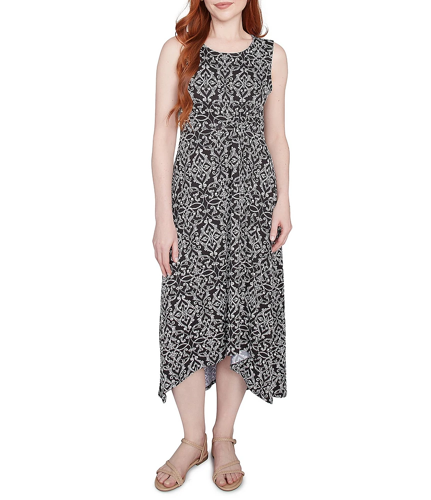 Ruby Rd. Knit Medallion Print Scoop Neck Sleeveless Hi-Low Hem Midi Dress