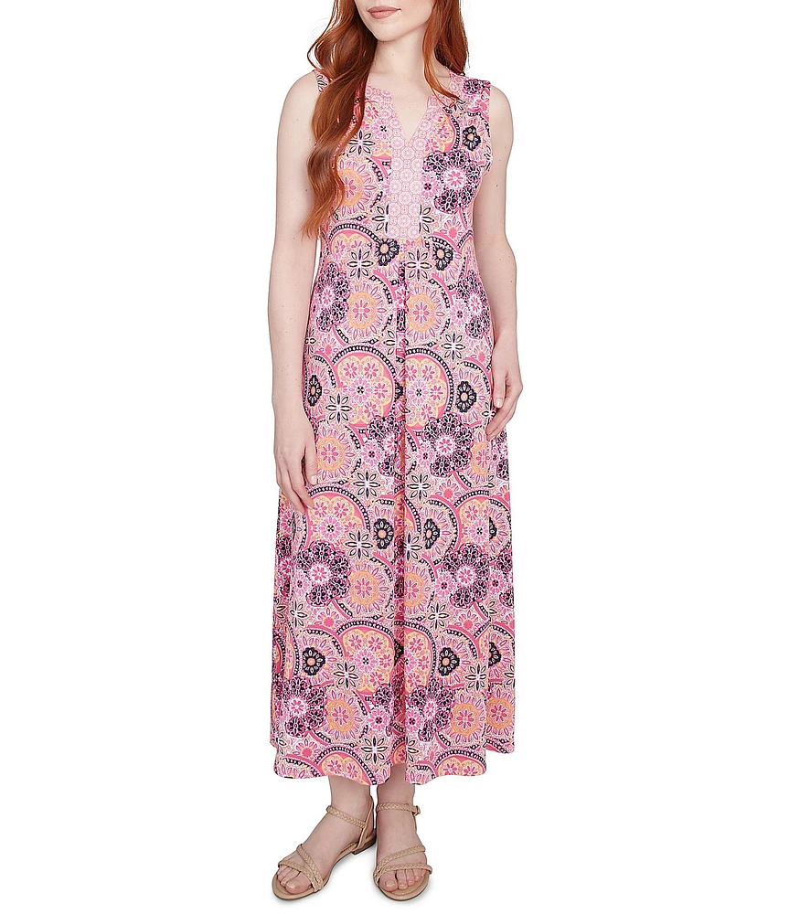Ruby Rd. Knit Medallion Print Split V-Neck Sleeveless Maxi Dress