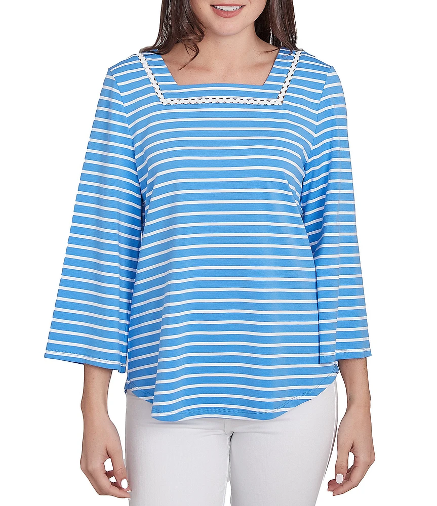 Ruby Rd. Knit Stripe Trim Square Neck 3/4 Bell Sleeve Top