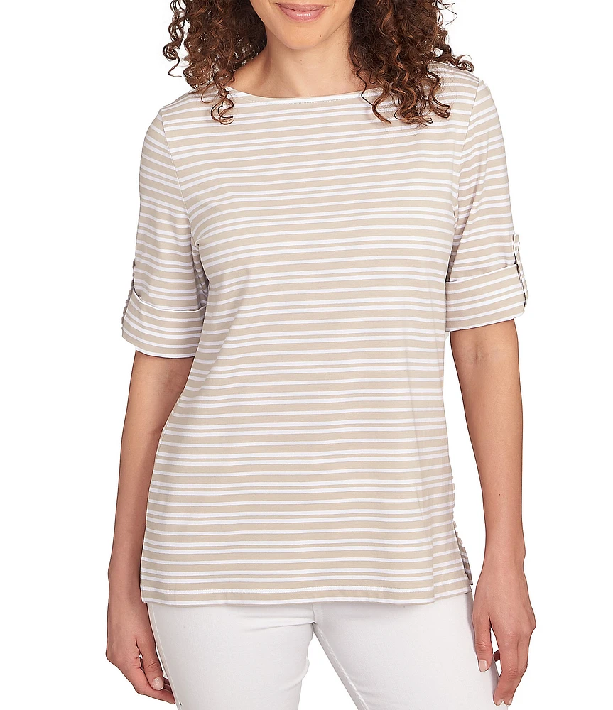 Ruby Rd. Knit Variegated Stripe Boat Neck Short Roll-Tab Sleeve Top