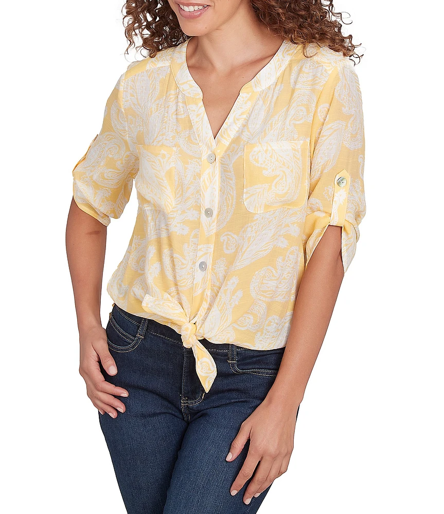 Ruby Rd. Paisley Woven Split V-Neck Elbow Length Roll-Tab Sleeve Button-Front Top