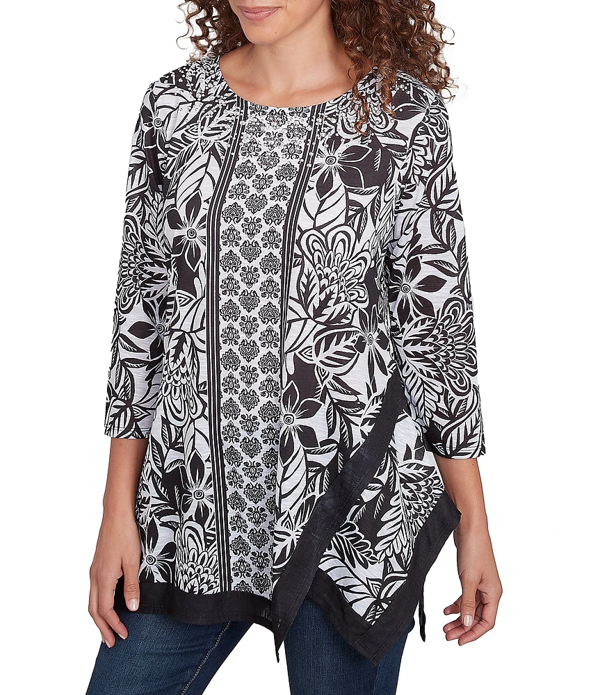 Ruby Rd. Petite Size Embellished Printed Scoop Neck 3/4 Sleeve Shark-Bite Hem Top