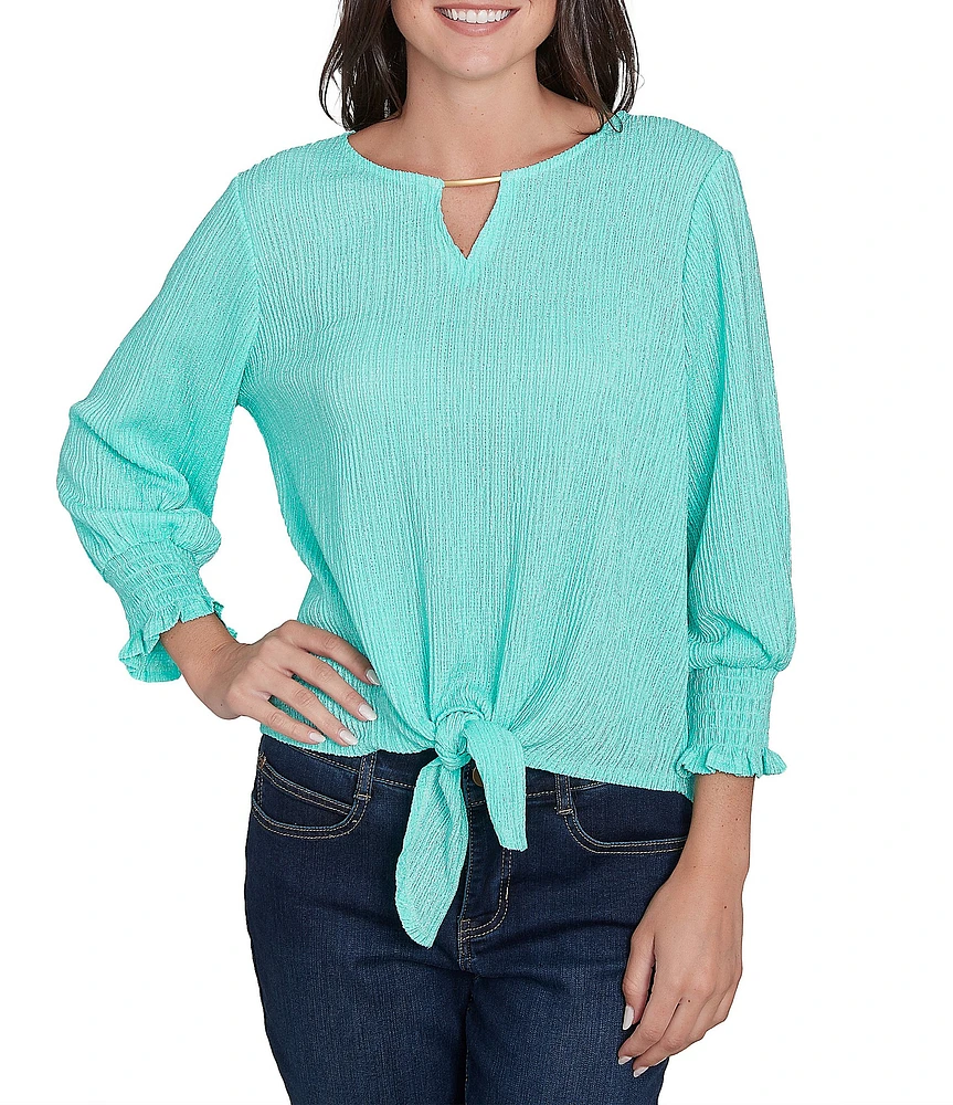 Ruby Rd. Petite Size Knit Crinkle Keyhole Neck Bar 3/4 Sleeve Tie-Front Top