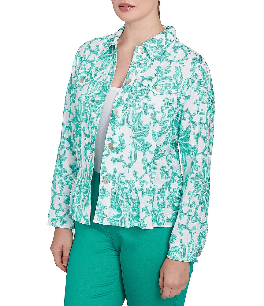 Ruby Rd. Petite Size Luxe Voile Embroidered Floral Point Collar Long Sleeve Ruffle Hem Button-Front Jacket