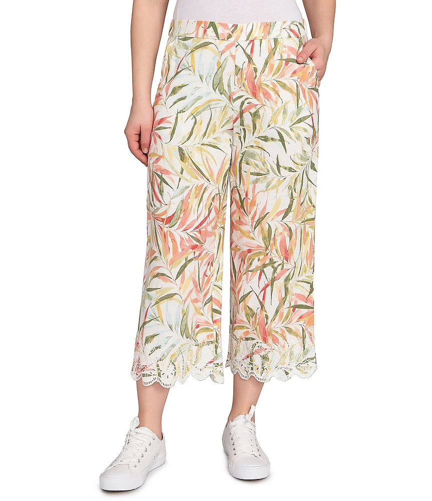 Ruby Rd. Petite Coordinating Tropical Fern Pattern Embroidered Lace Scallop Edge Wide-Leg Pull-On Crop Pants