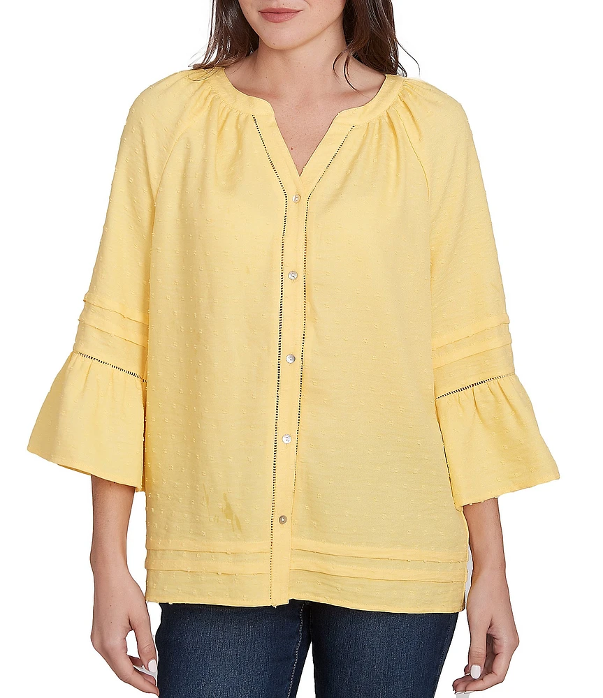 Ruby Rd. Petite Size Woven Embellished Trim Clip-Dot Mandarin Collar 3/4 Sleeve Button-Front Top