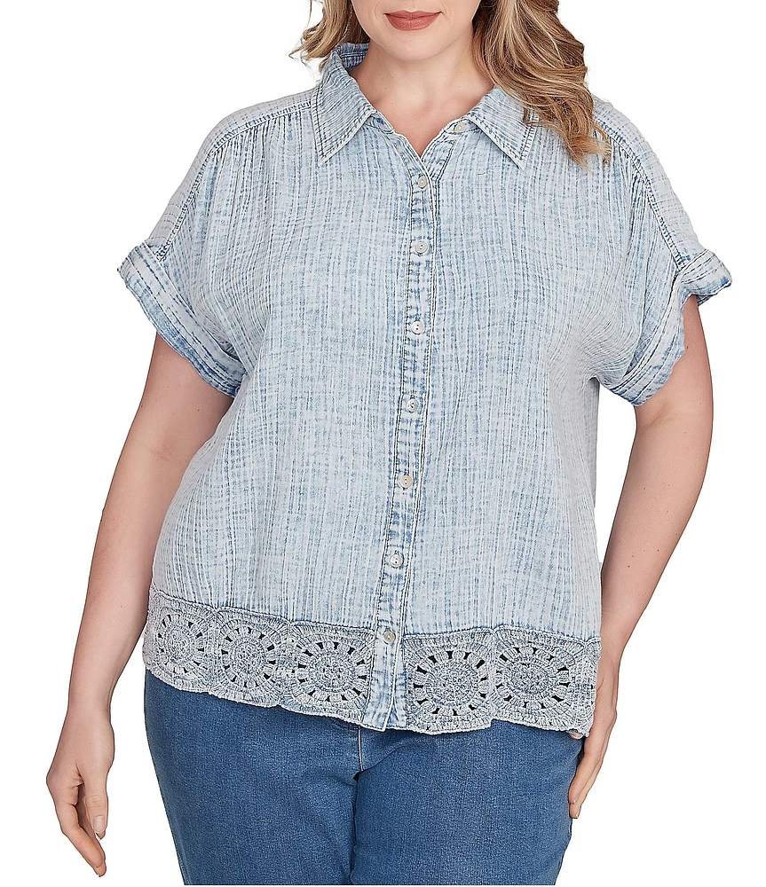 Ruby Rd. Plus Size Cotton Gauze Crochet Point Collar Short Rolled Cuff Sleeve Shirt