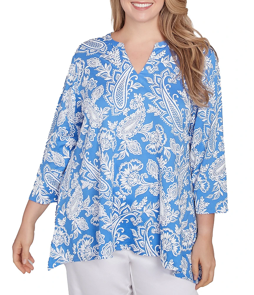 Ruby Rd. Plus Size Jacobean Paisley Puff Split V-Neck 3/4 Sleeve Top