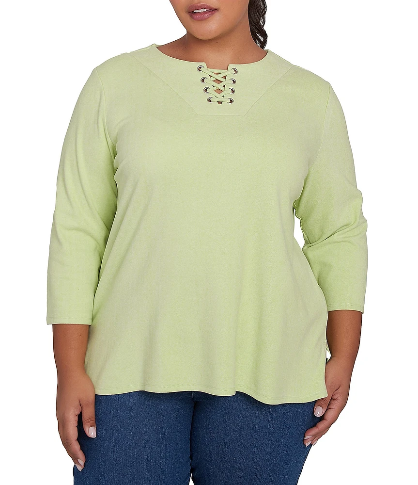Ruby Rd. Plus Size Knit 3/4 Sleeve Split V-Neck Lacing Rib Top