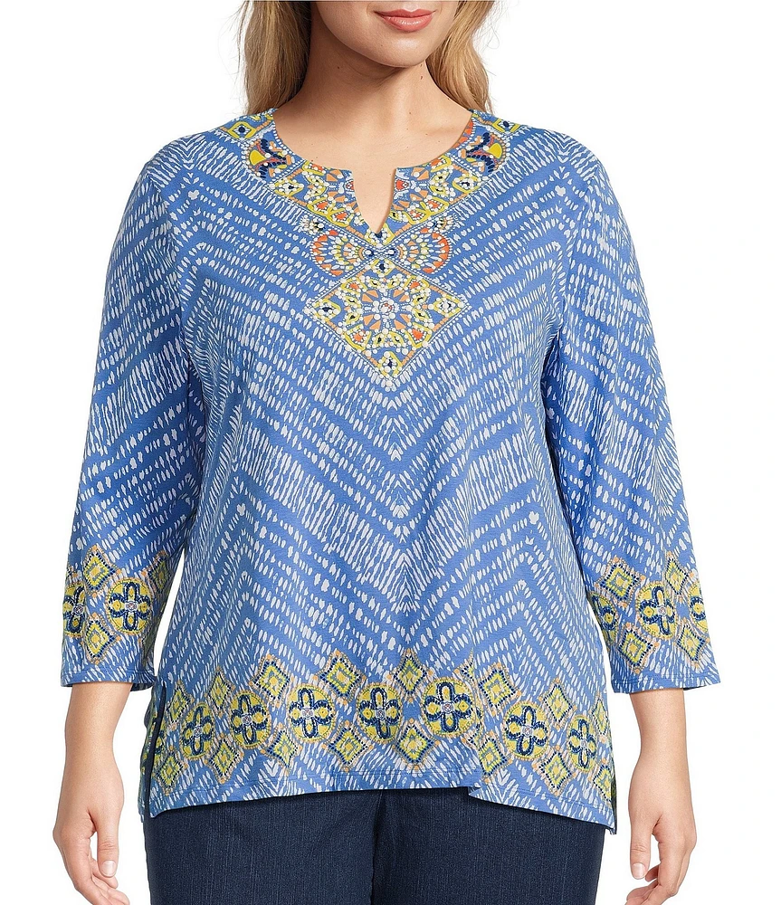 Ruby Rd. Plus Size Knit Embellished Medallion Placement Border Print Split V-Neck 3/4 Sleeve Top