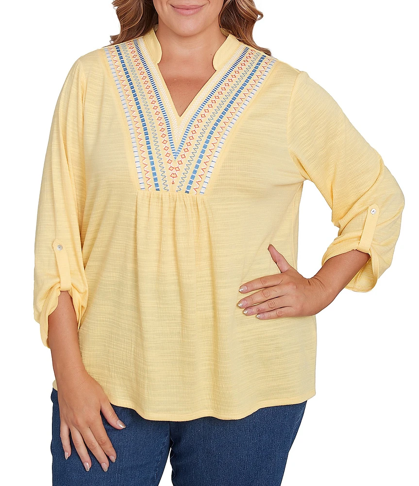 Ruby Rd. Plus Size Knit Embroidery V-Neck 3/4 Roll-Tab Sleeve Top