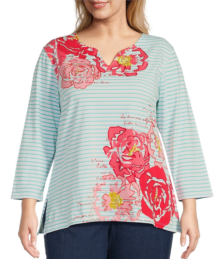 Ruby Rd. Plus Size Knit Floral Embroidered Split Neck 3/4 Sleeve Top