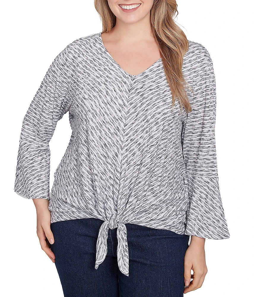 Ruby Rd. Plus Size Puckered Knit Stripe V-Neck 3/4 Sleeve Tie-Front Top
