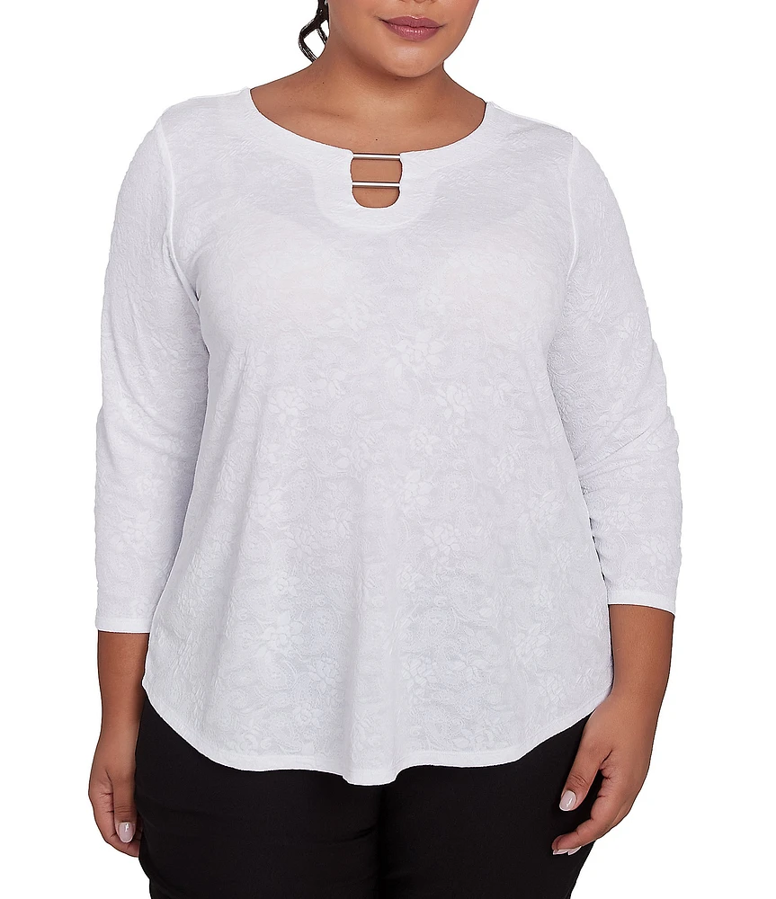 Ruby Rd. Plus Size Solid Paisley Floral Textured Knit Double Bar Detail Top