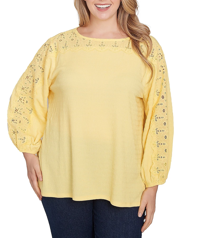 Ruby Rd. Plus Size Textured Eyelet Trim Boat Neck Bracelet Length Sleeve Knit Top