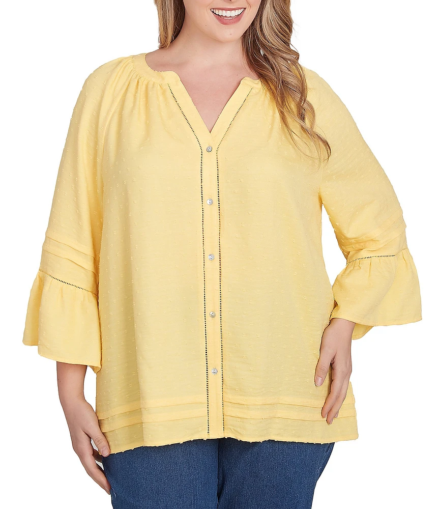 Ruby Rd. Plus Size Woven Embellished Trim Clip-Dot Mandarin Collar 3/4 Sleeve Button-Front Top
