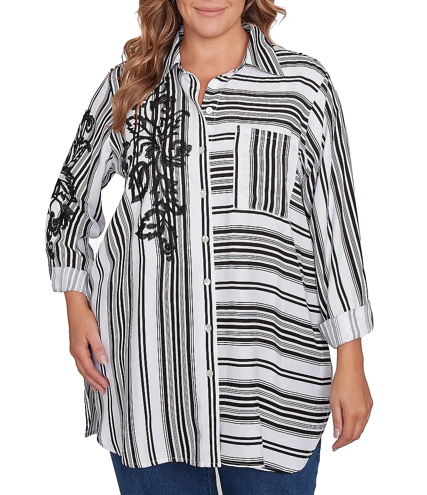 Ruby Rd. Plus Size Woven Floral Embroidery Applique Stripe Point Collar Long Roll-Tab Sleeve Button-Front Shirt