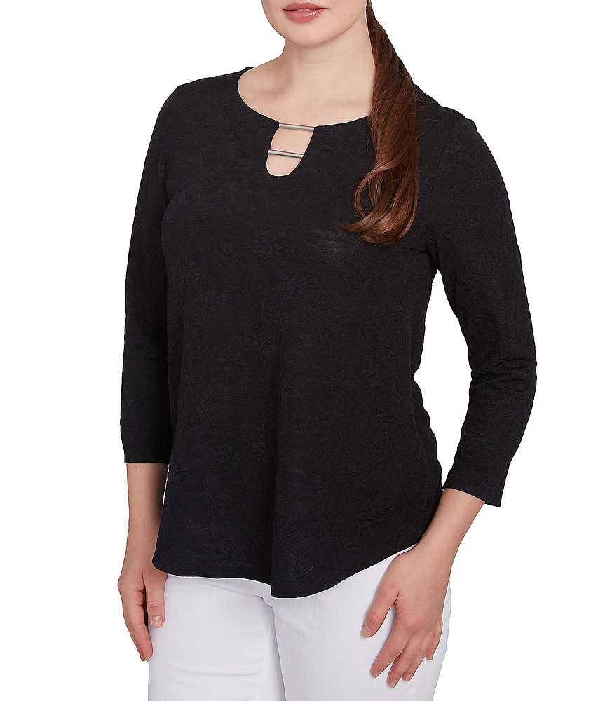 Ruby Rd. Solid Paisley Floral Textured Knit Double Bar Detail Top