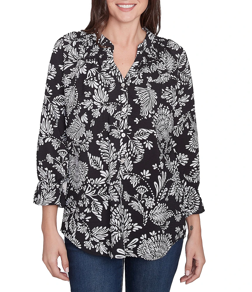 Ruby Rd. Woven Floral Mandarin Collar 3/4 Sleeve Button-Front Top