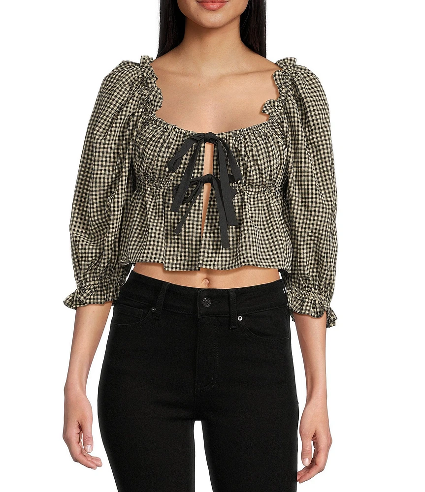 Rumored Parton Short Sleeve Tie-Front Gingham Top