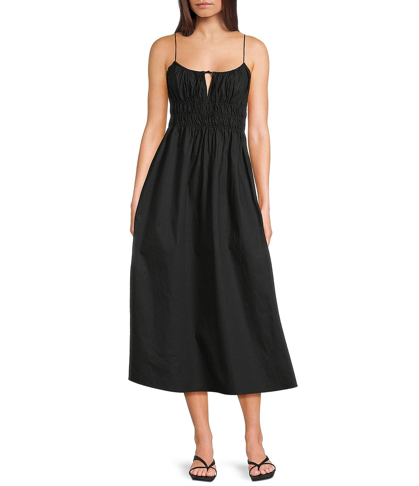 Rumored Positano Scoop Neck Sleeveless Tie Front Ruched Midi Dress