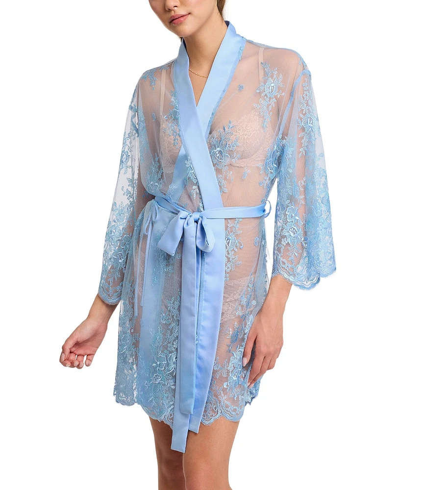 Rya Collection Allover Lace Banded Neck 3/4 Sleeve Short Wrap Robe