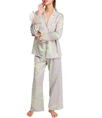 Rya Collection Sofia Floral Long Sleeve Notch Collar Detachable Feathers Long Pajama Set