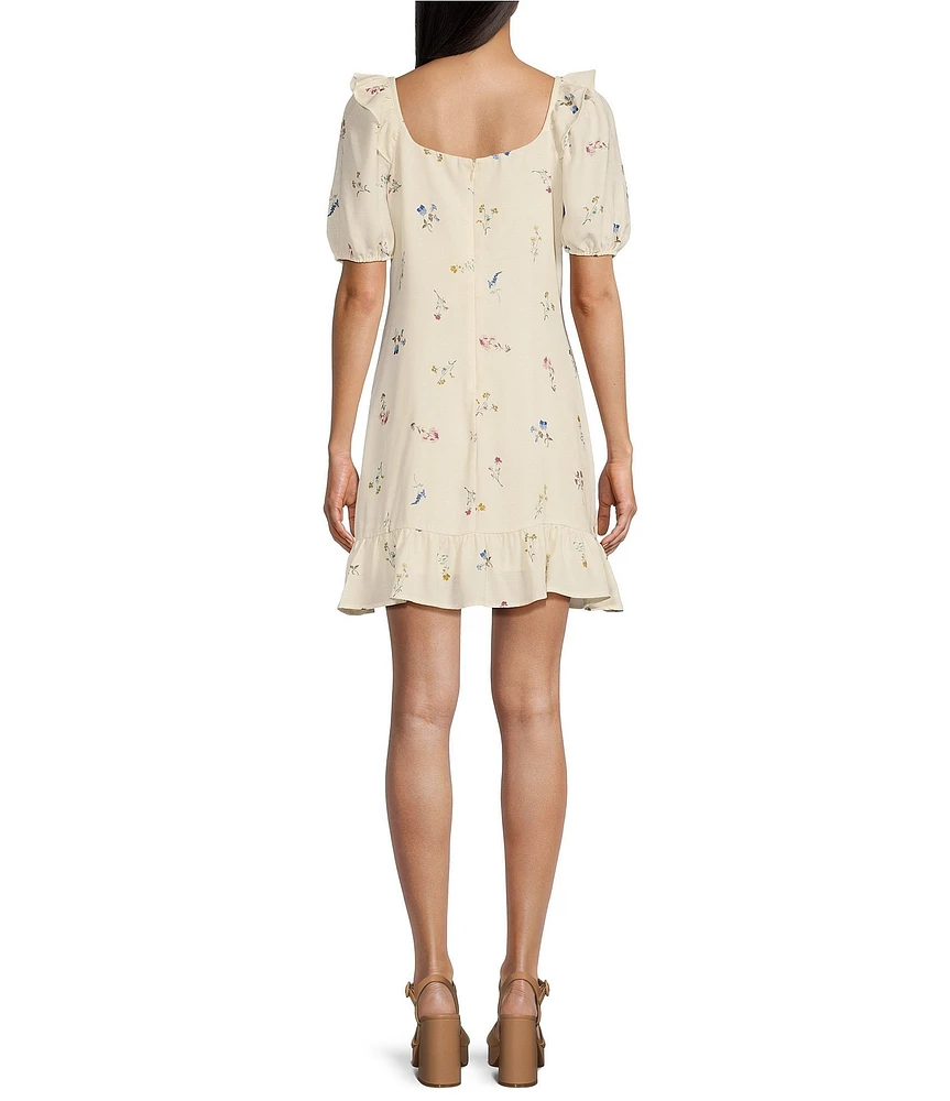 Sadie & Sage Floral Print Square Neck Short Sleeve Ruffled Crochet Lace Trim Mini Dress