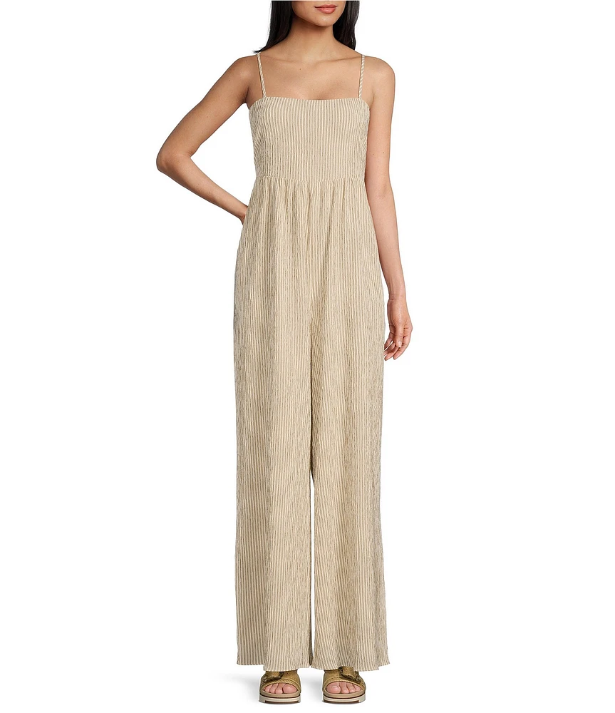 Sadie & Sage In The Clouds Woven Stripe Spaghetti Strap Tie Back Wide Leg Jumpsuit