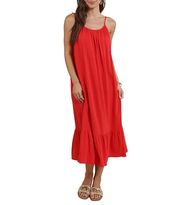 Sadie & Sage Linen Blend Scoop Neck & Back Flowy Tassel Detailed Midi Dress