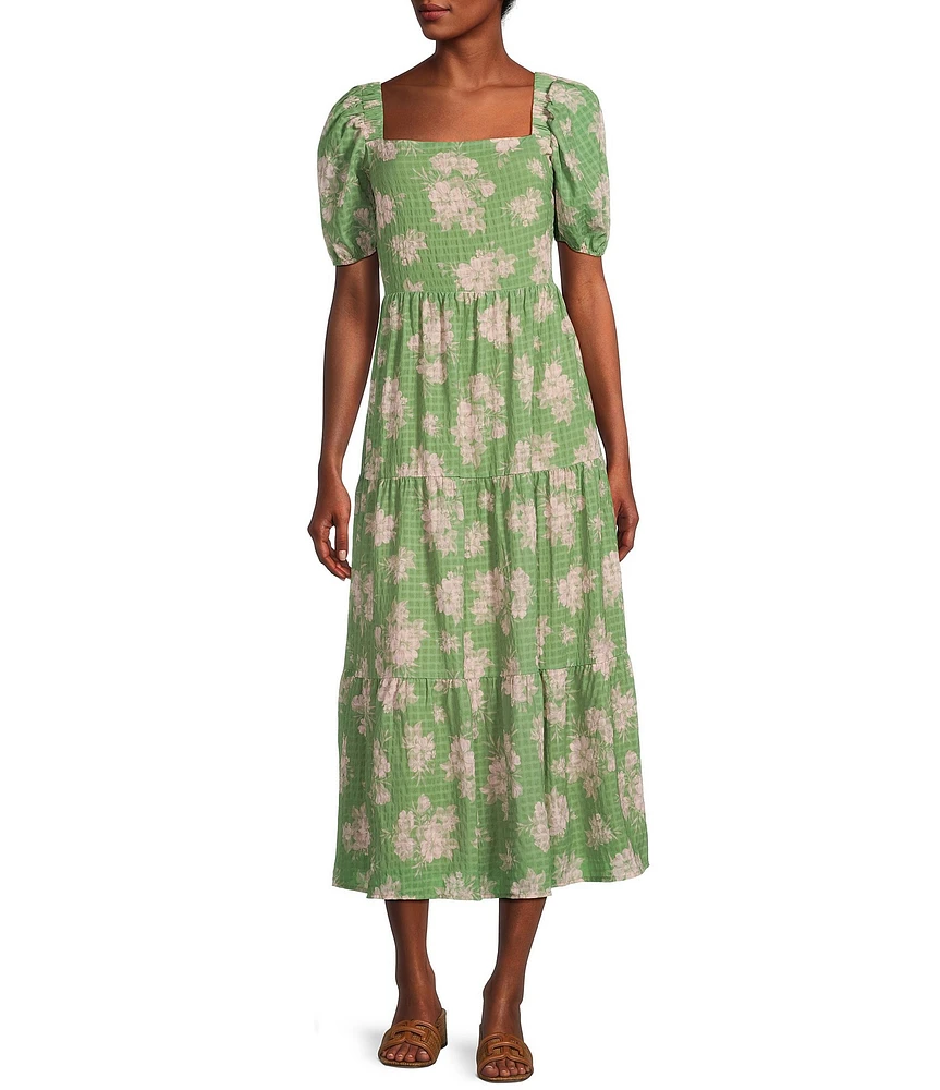 Sadie & Sage Rainy Days Textured Woven Floral Print Square Neck Short Sleeve Tie Back Tiered Maxi Dress