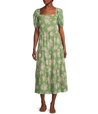 Sadie & Sage Rainy Days Textured Woven Floral Print Square Neck Short Sleeve Tie Back Tiered Maxi Dress