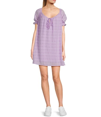 Sadie & Sage Sheer Textured Drawstring Scoop Neck Short Ruffle Sleeve Dress