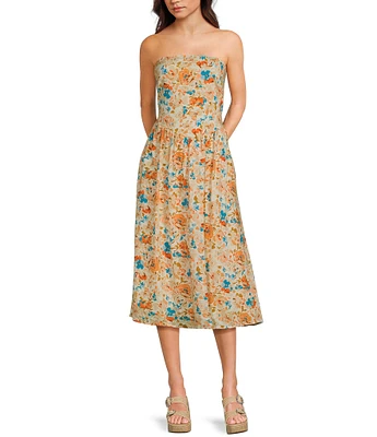 Sadie & Sage Strapless Tube Top Midi Woven Floral Printed Dress