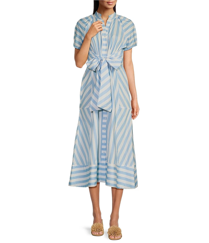 SAIL to SABLE x Style Charade Stripe Button Down Collar Short Sleeve Tie Front Midi Dress