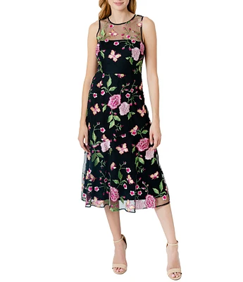 Sam Edelman 3D Floral Butterfly Crew Neck Sleeveless A-Line Midi Dress