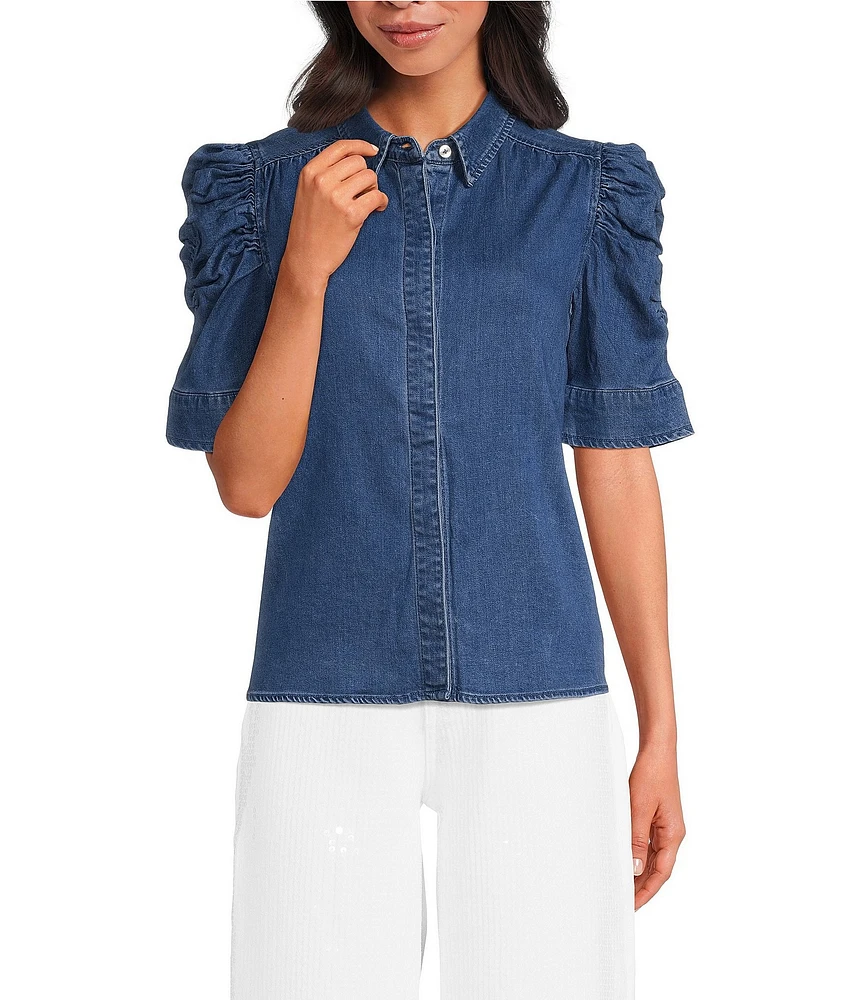 Sam Edelman Austin Stretch Denim Banded Collar Short Sleeve Top