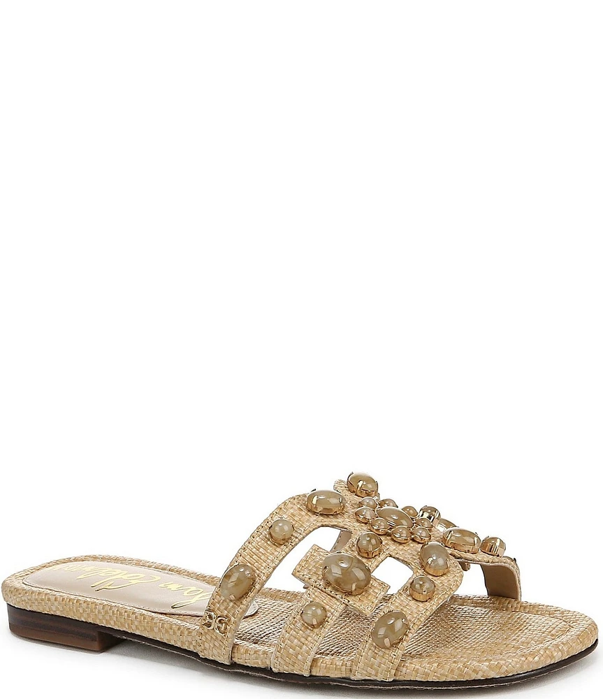 Sam Edelman Bay Ray Raffia Stone Ornamented Double E Logo Slide Sandals